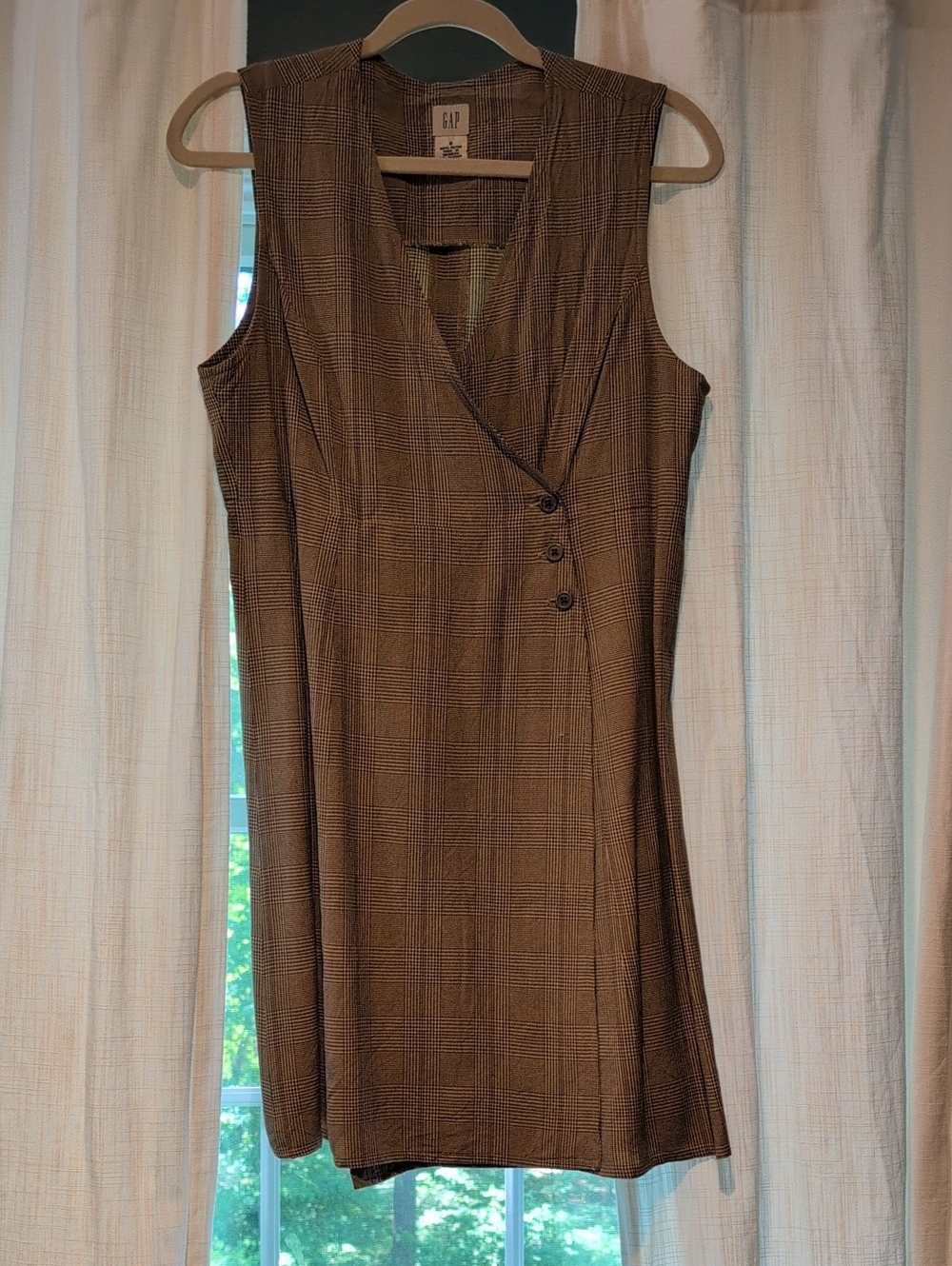 GAP Brown Plaid Faux-Wrap Sleeveless Dress